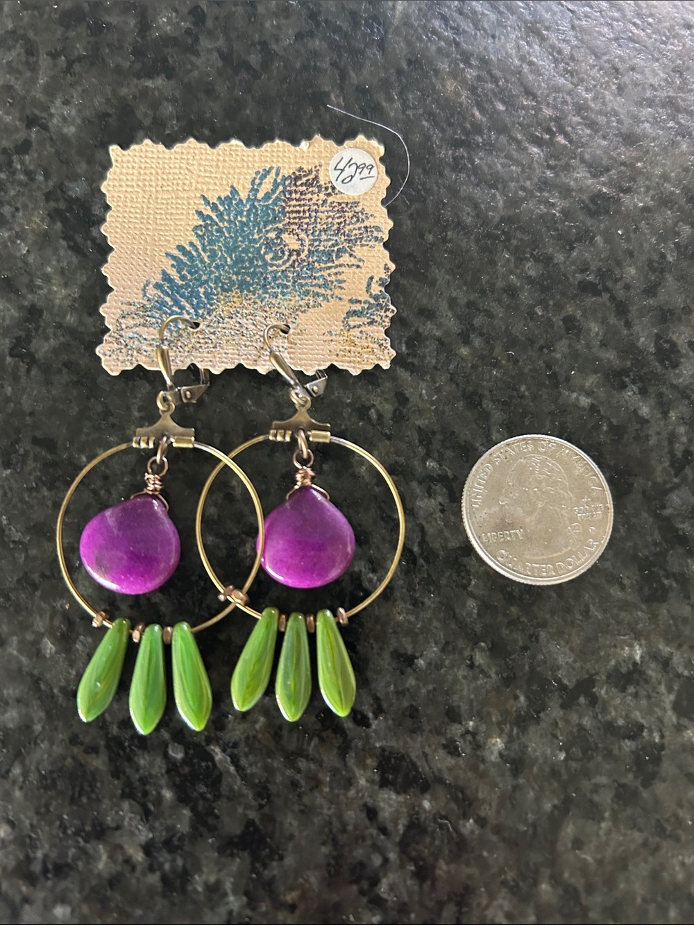 NWT vintage glass Tucson purple and green mystery brass earrings - Picture 7 of 7